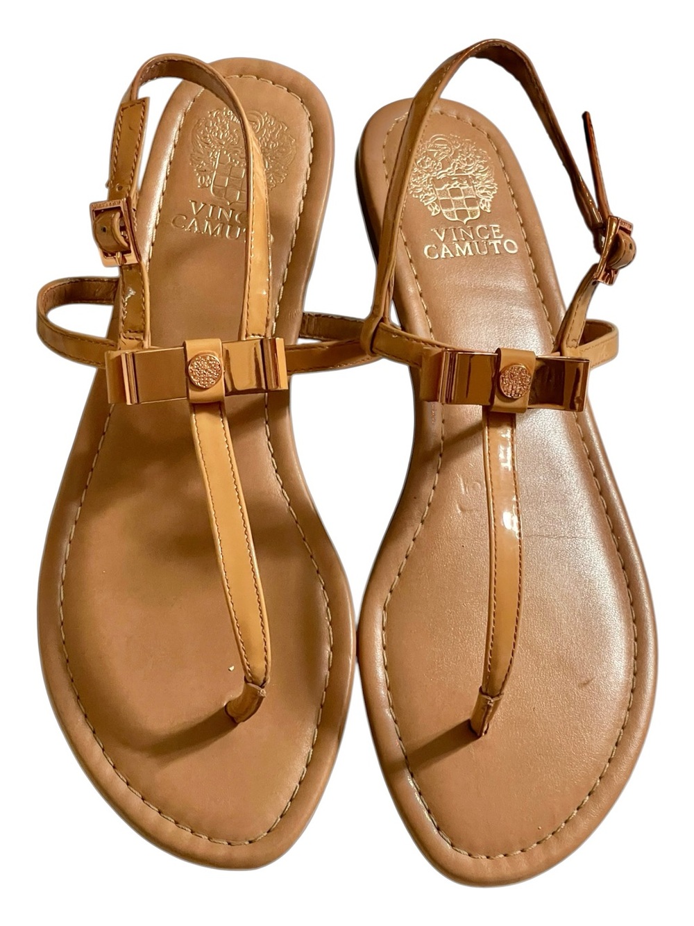 VINCE CAMUTO T STRAP BELLINI/ROSE GOLD BOW SANDALS SZ 9 MED